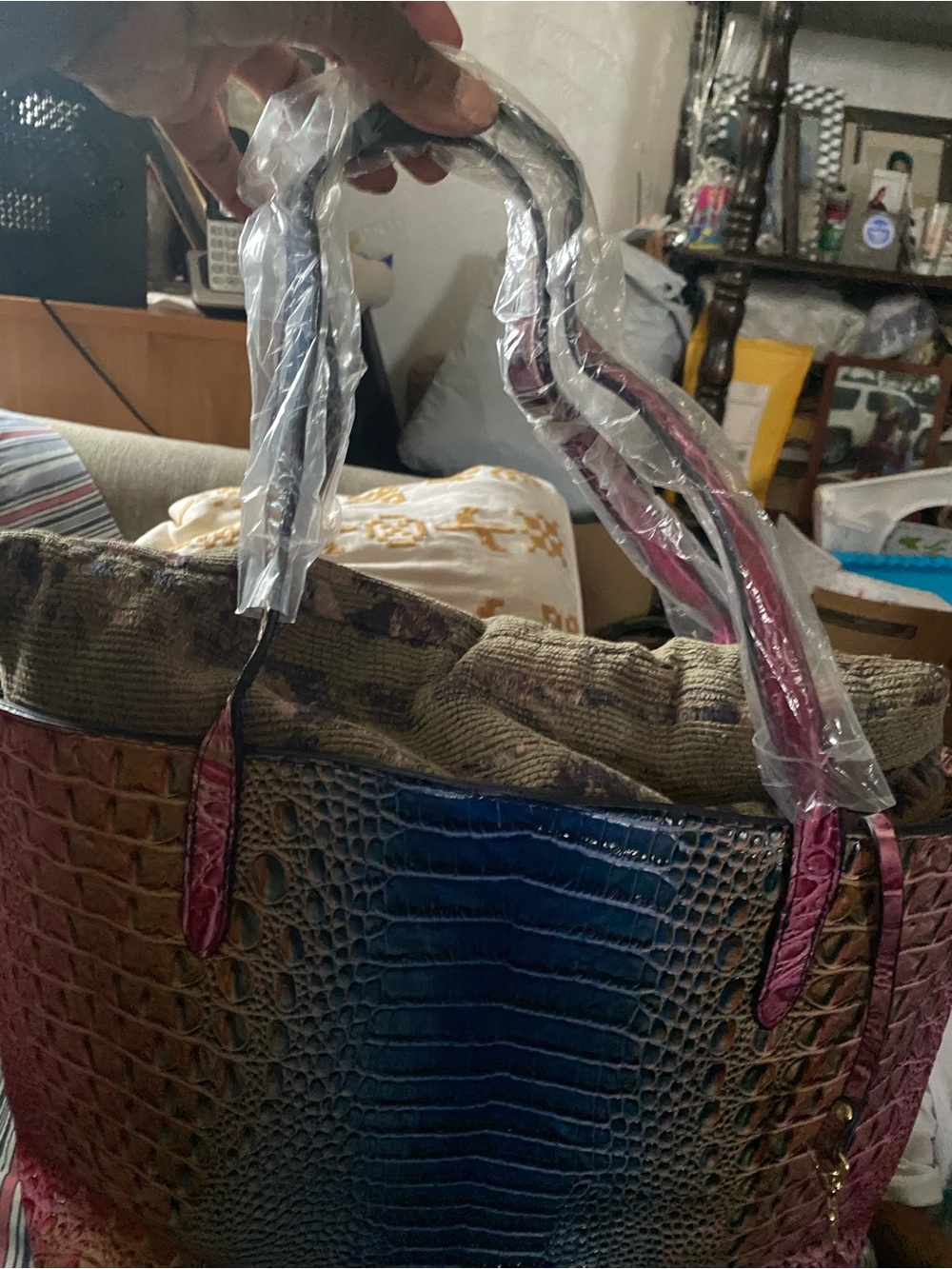 Croc-Embossed Tote Bag in Blue and Pink